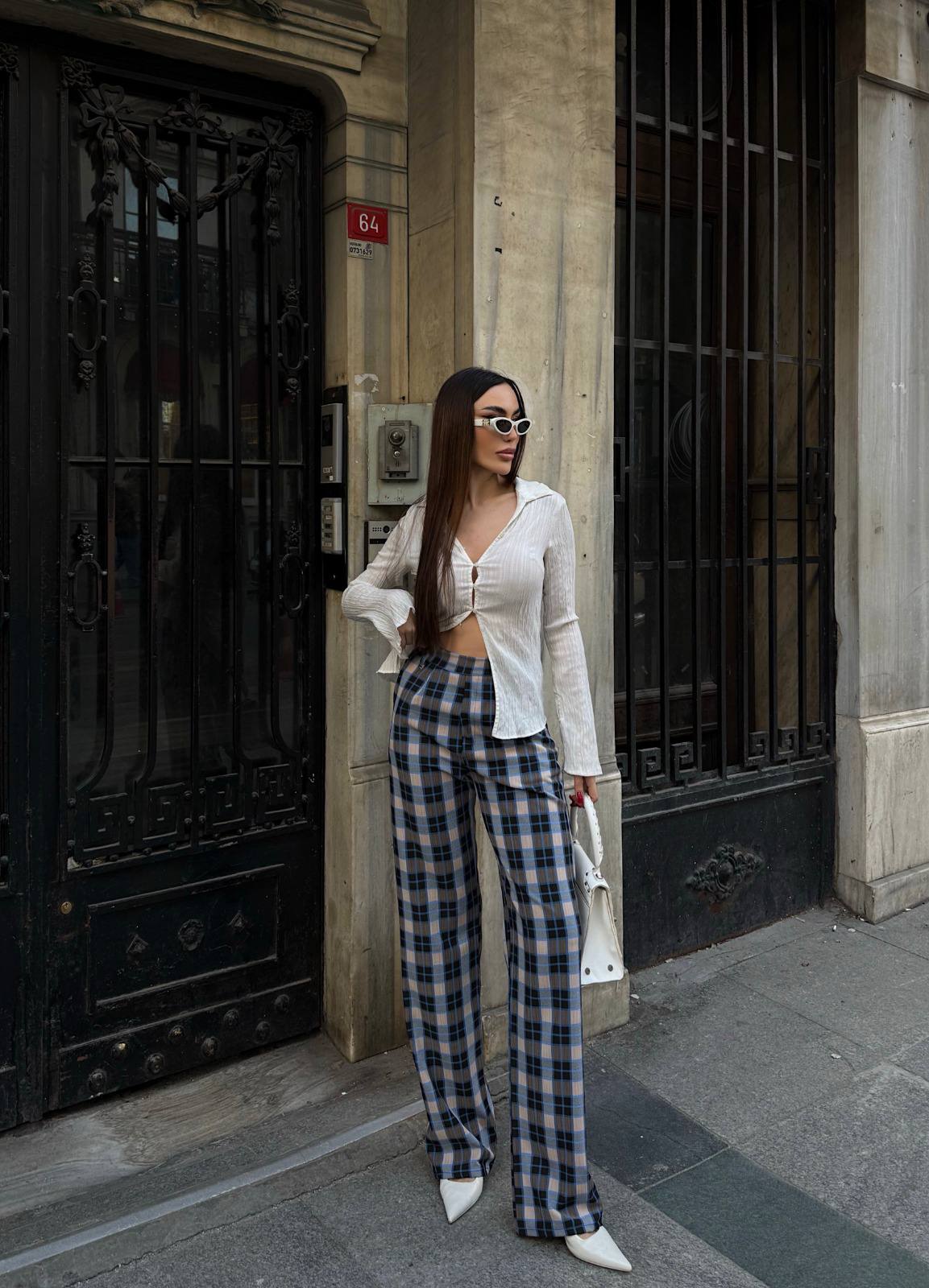 high-waist flared plaid trousers multi-colored