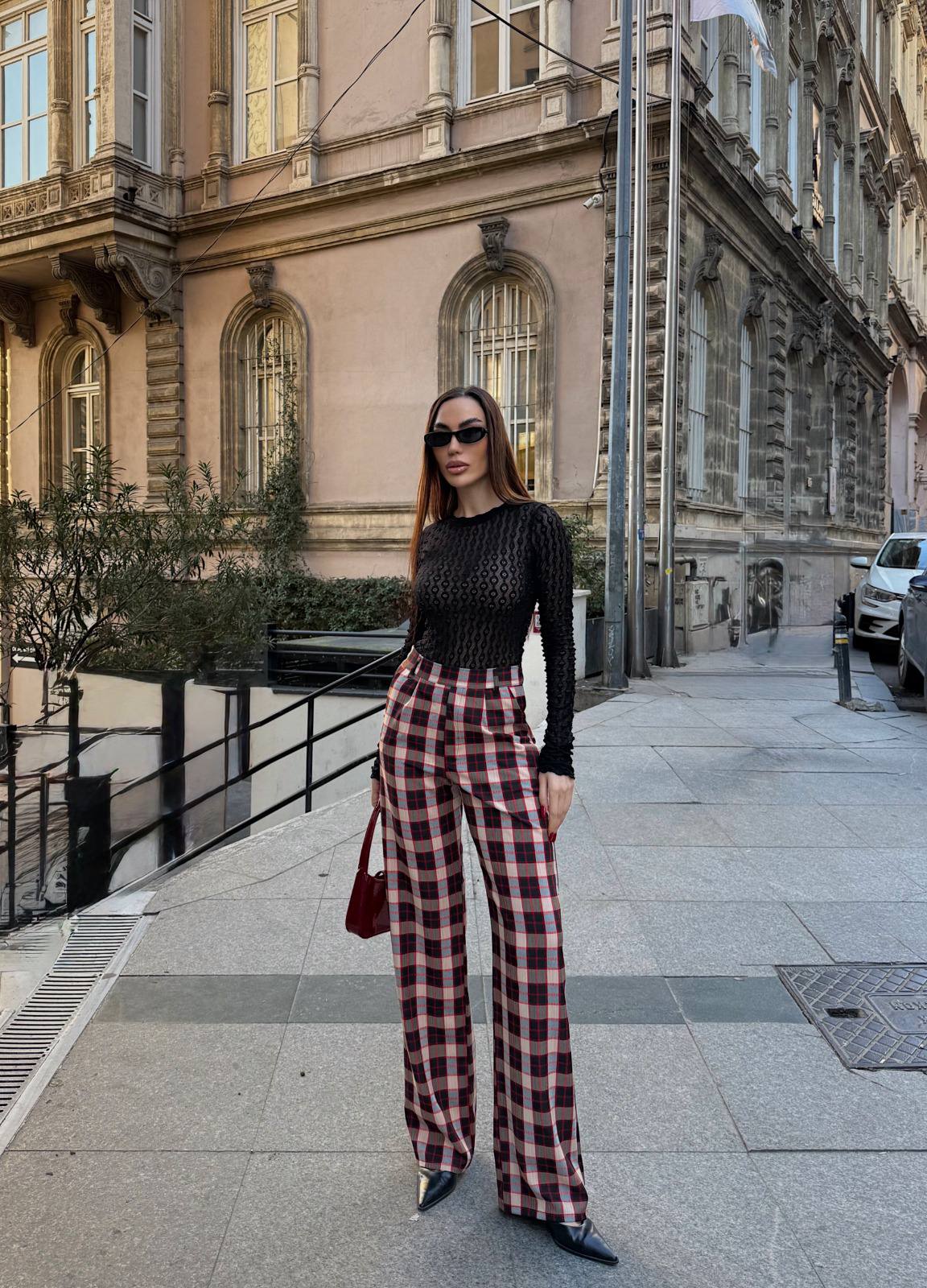 high-waist flared plaid trousers multi-colored