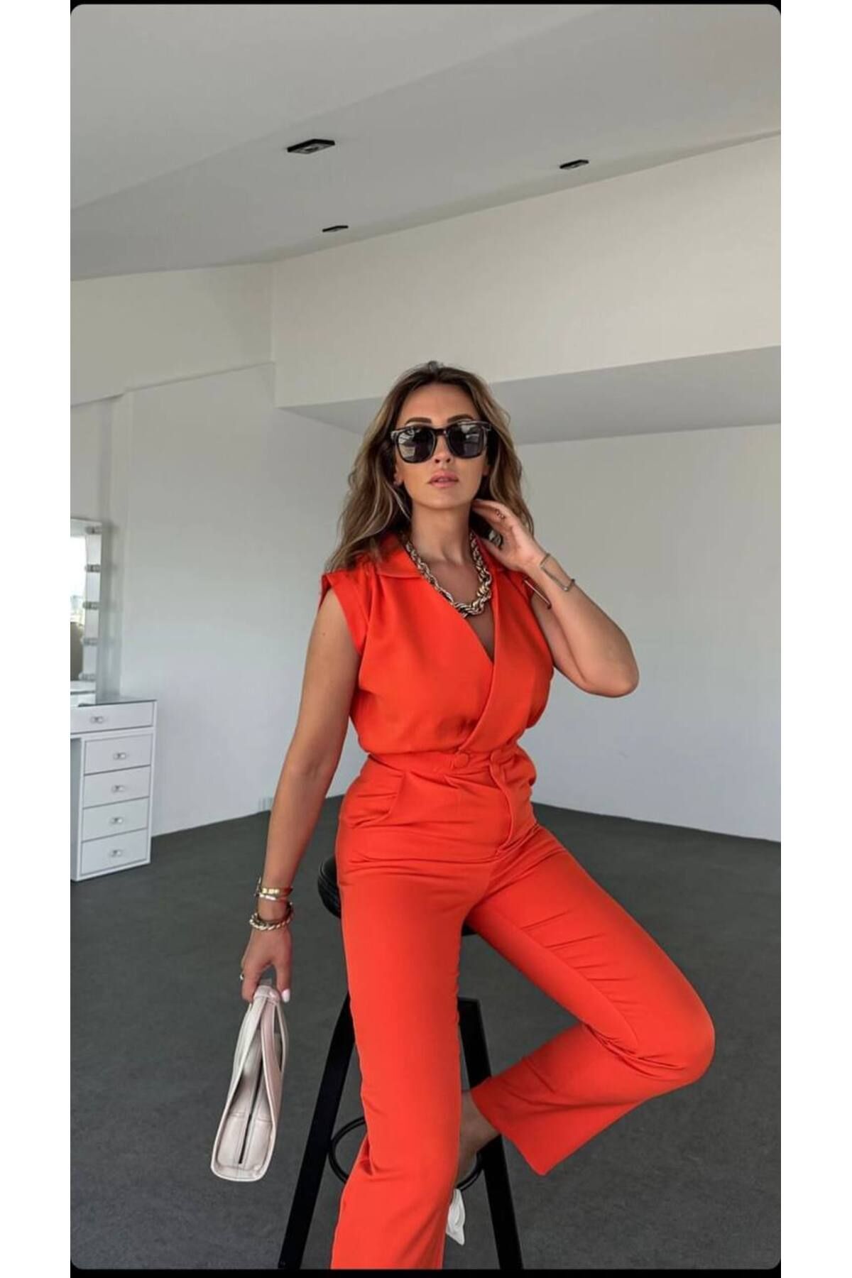 جمبسوت بياقة قميص من قماش مستورد - موسم جديد برتقالي