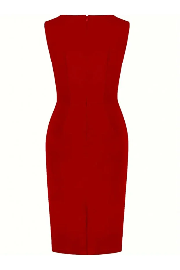 فستان كريب مستورد بدون أكمام بتفاصيل طيات عند التنورة أحمر