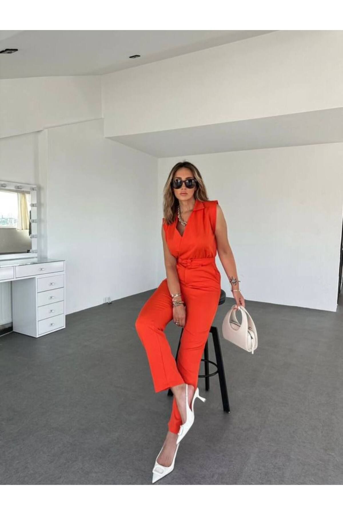 جمبسوت بياقة قميص من قماش مستورد - موسم جديد برتقالي