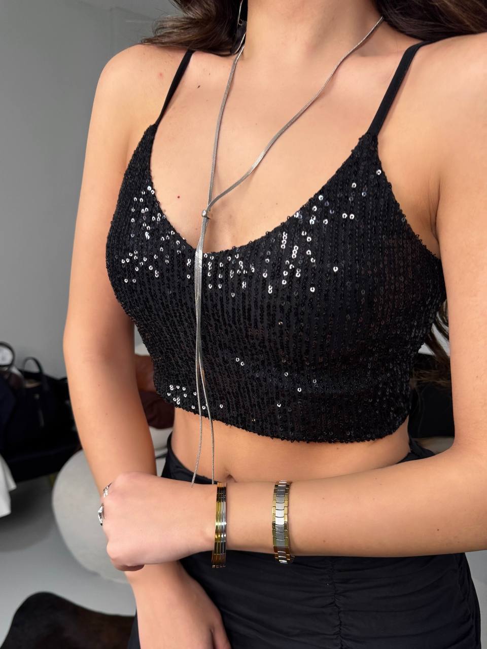 sequined strappy crop black