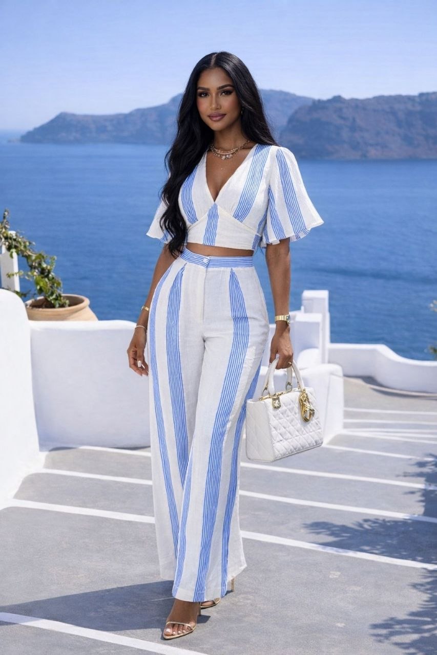 cartoon muslin fabric suit cream color with gray stripe