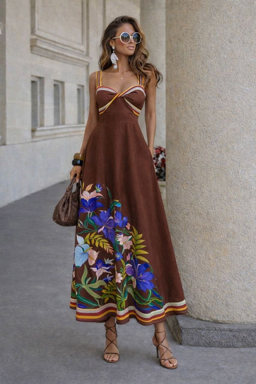Nev model knotted heart neck linen dress coffee color with floral pattern