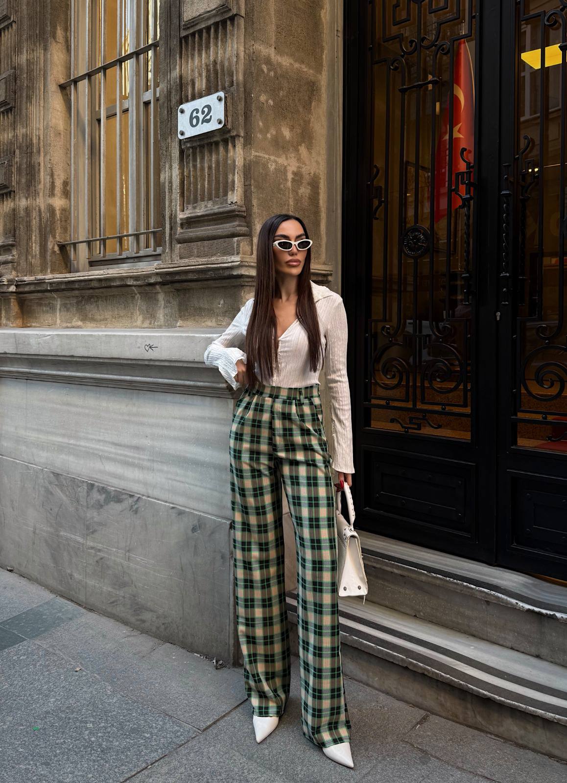 high-waist flared plaid trousers multi-colored