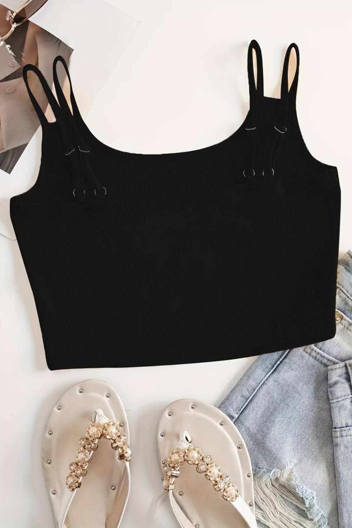 Kadın Çift Askılı Kaşkorse Crop Siyah