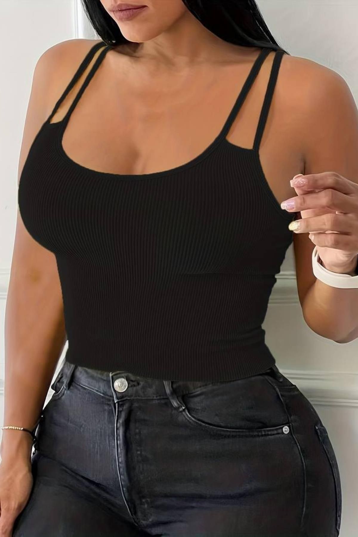 Kadın Çift Askılı Kaşkorse Crop Siyah