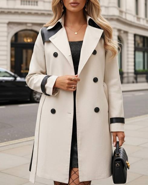 معطف ترنش نسائي بحزام وتفاصيل جلدية أبيض