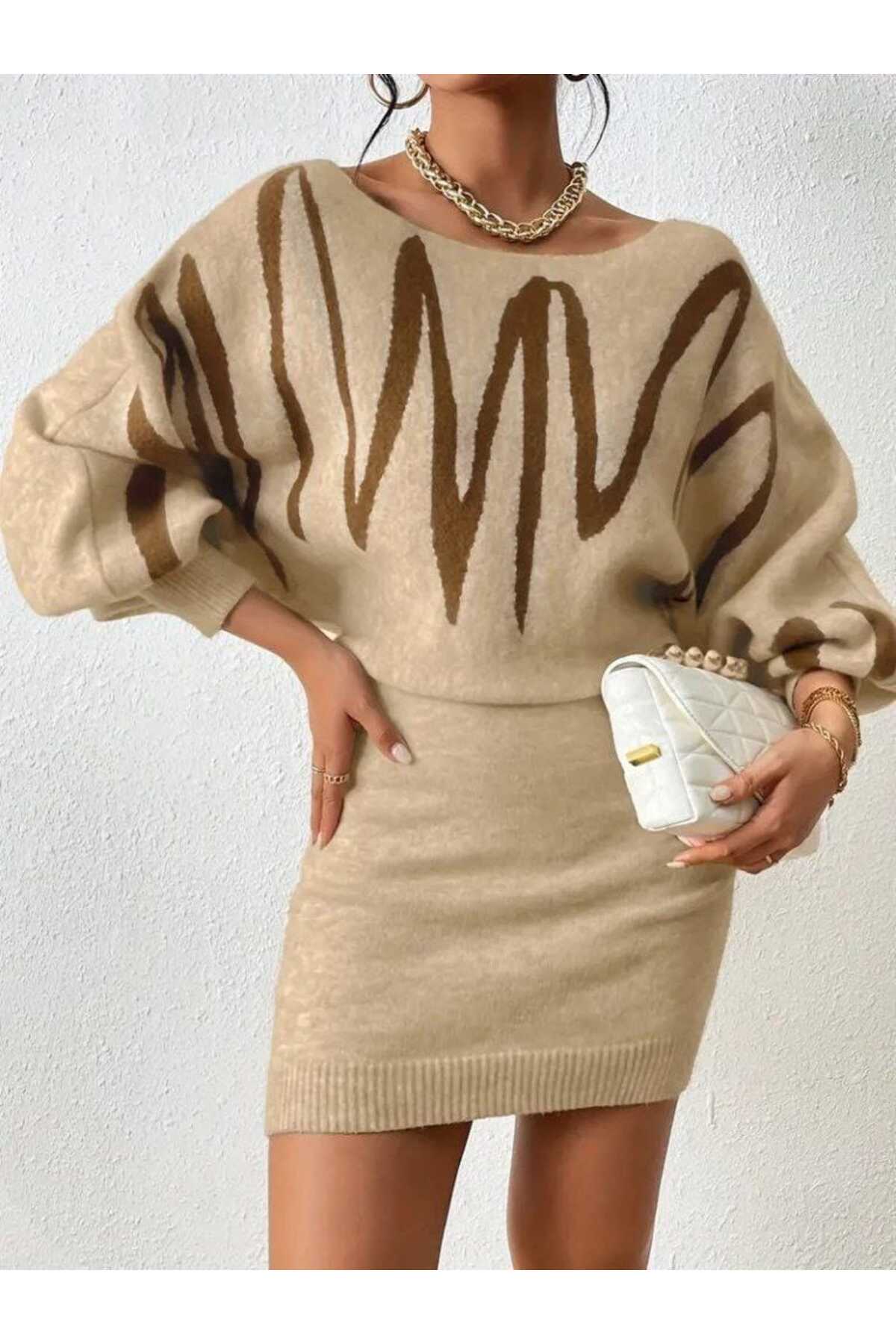Long Batwing Sleeve Boat-Neck Short Knit Dress Beige
