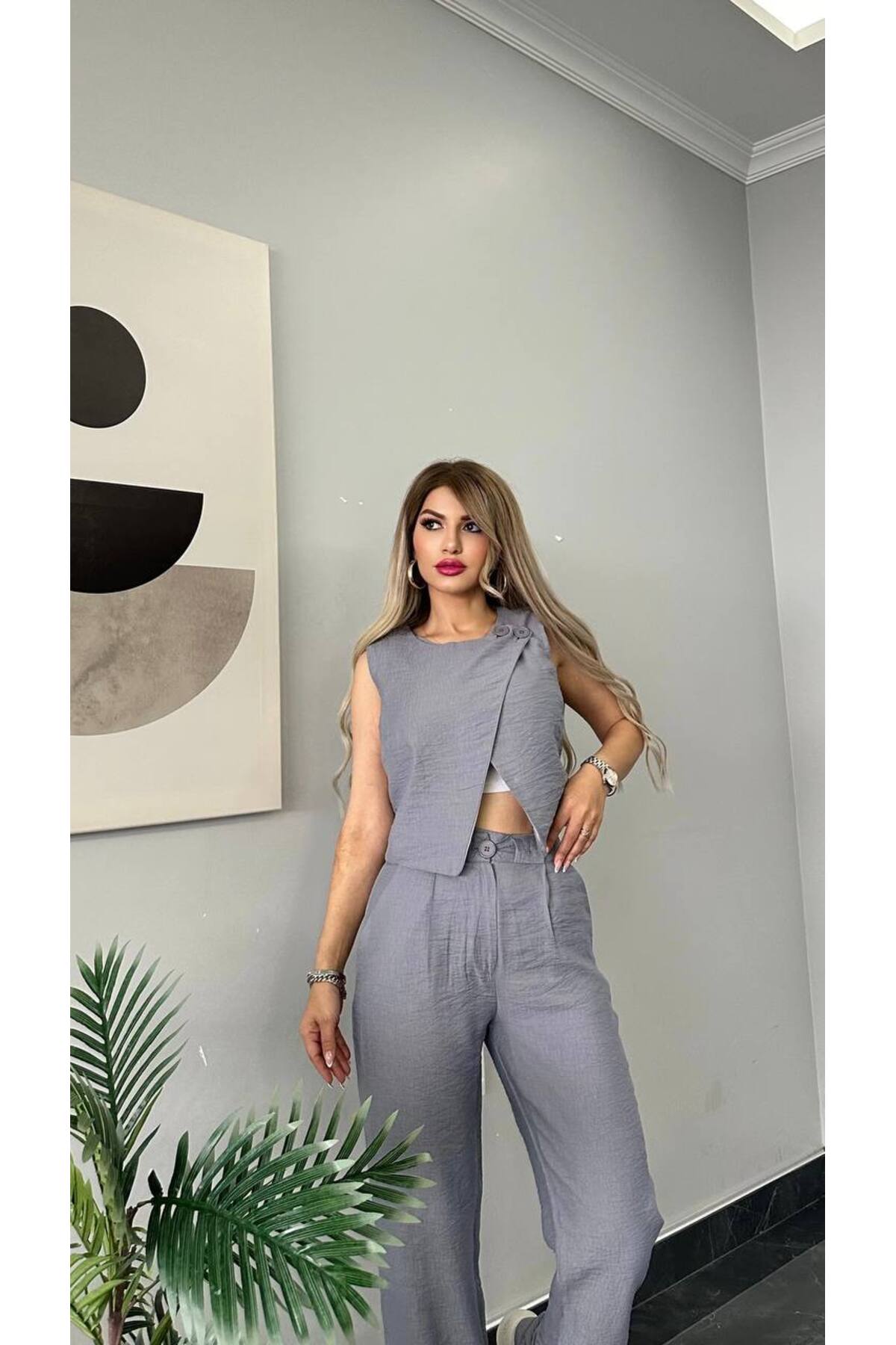 طقم ثنائي موسم جديد من قماش جابارين مستورد رمادي