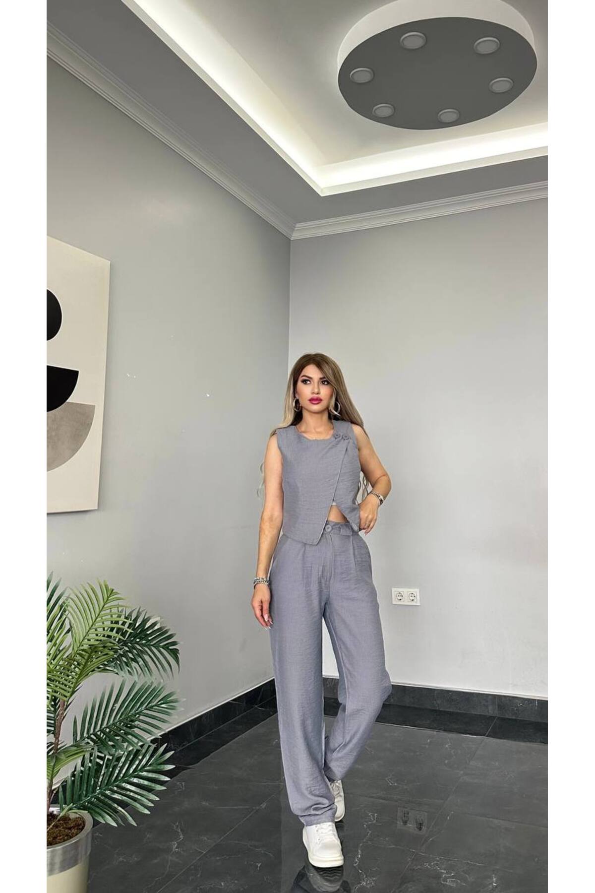 طقم ثنائي موسم جديد من قماش جابارين مستورد رمادي