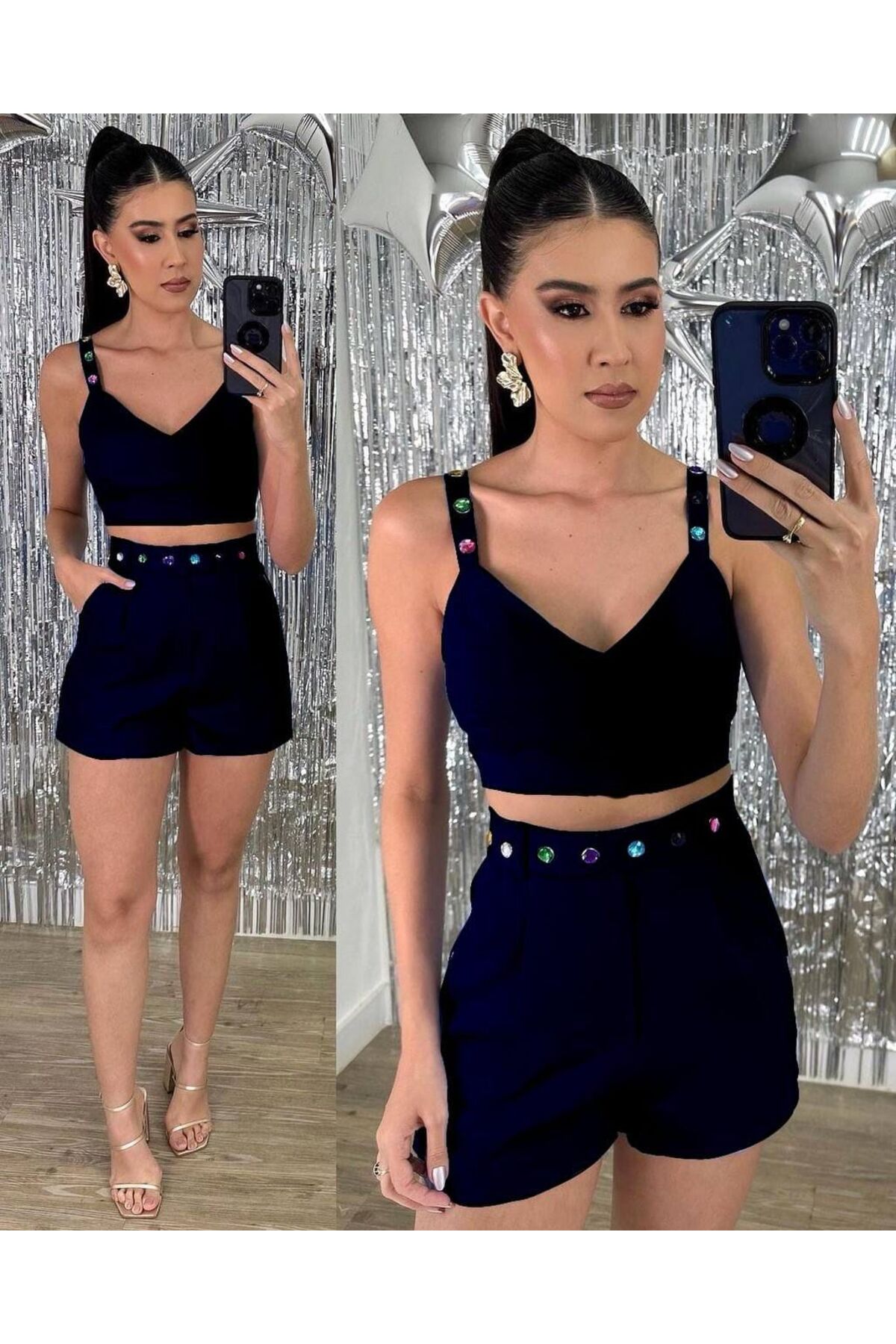 طقم ثنائي شورت بحزام مزين بالأحجار وتفاصيل مطرزة أسود