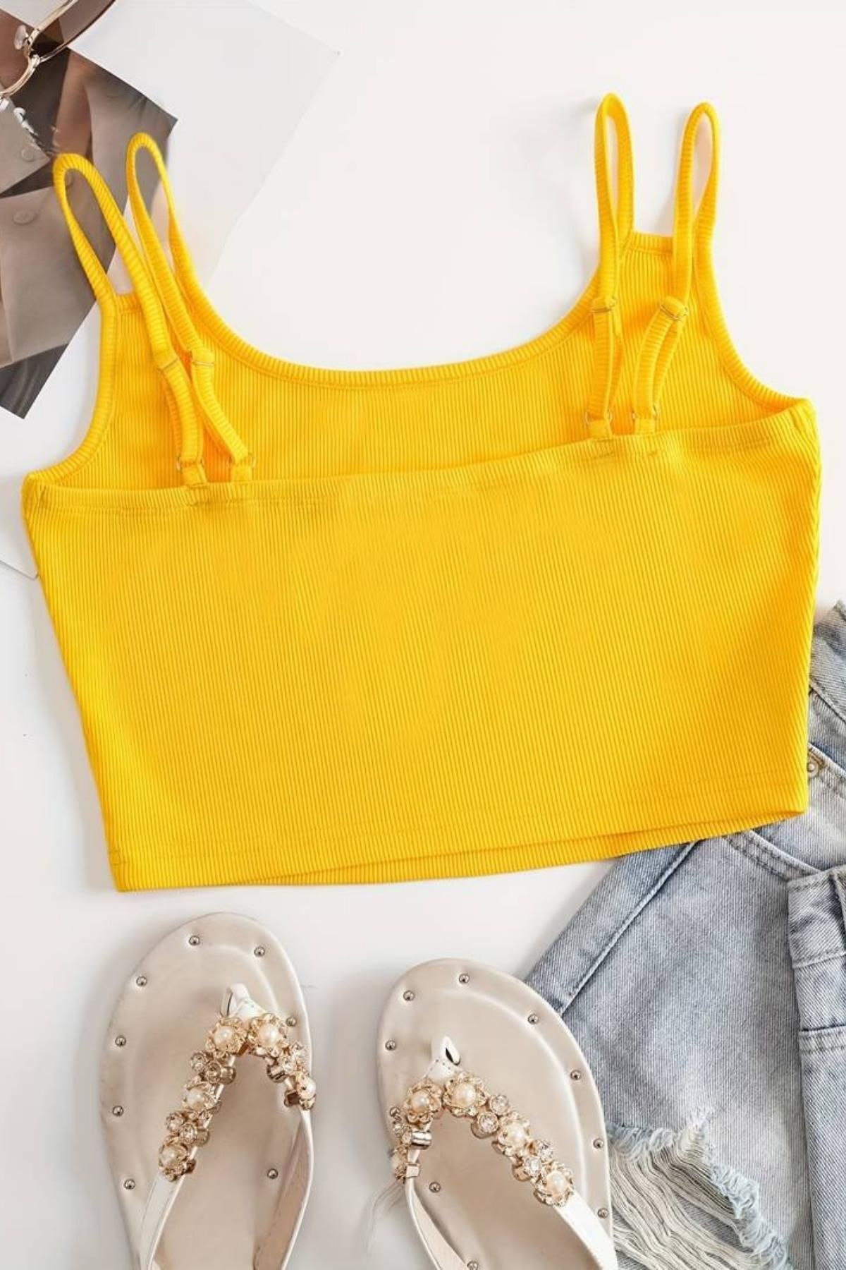 Kadın Çift Askılı Kaşkorse Crop Sarı
