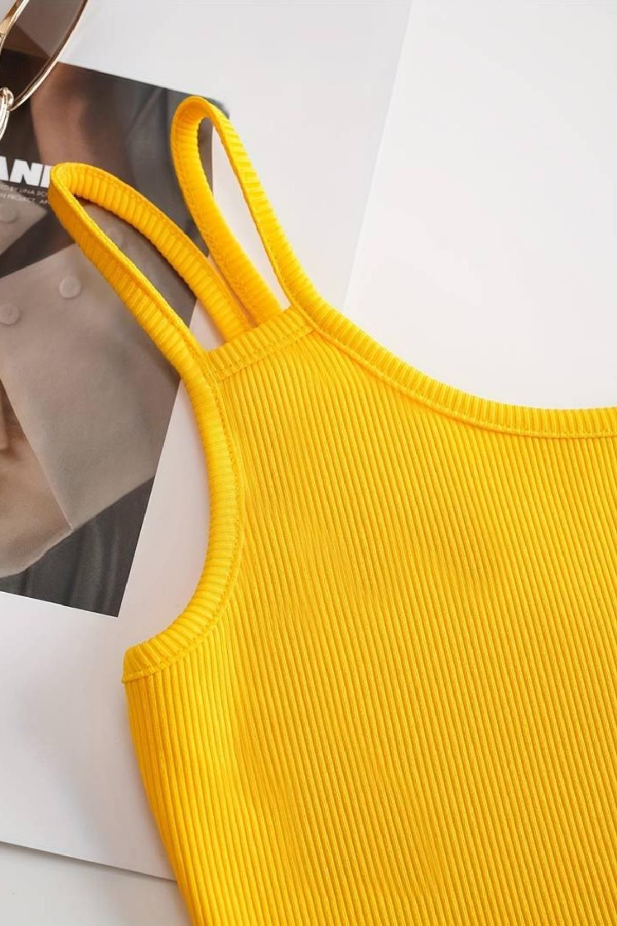 Kadın Çift Askılı Kaşkorse Crop Sarı