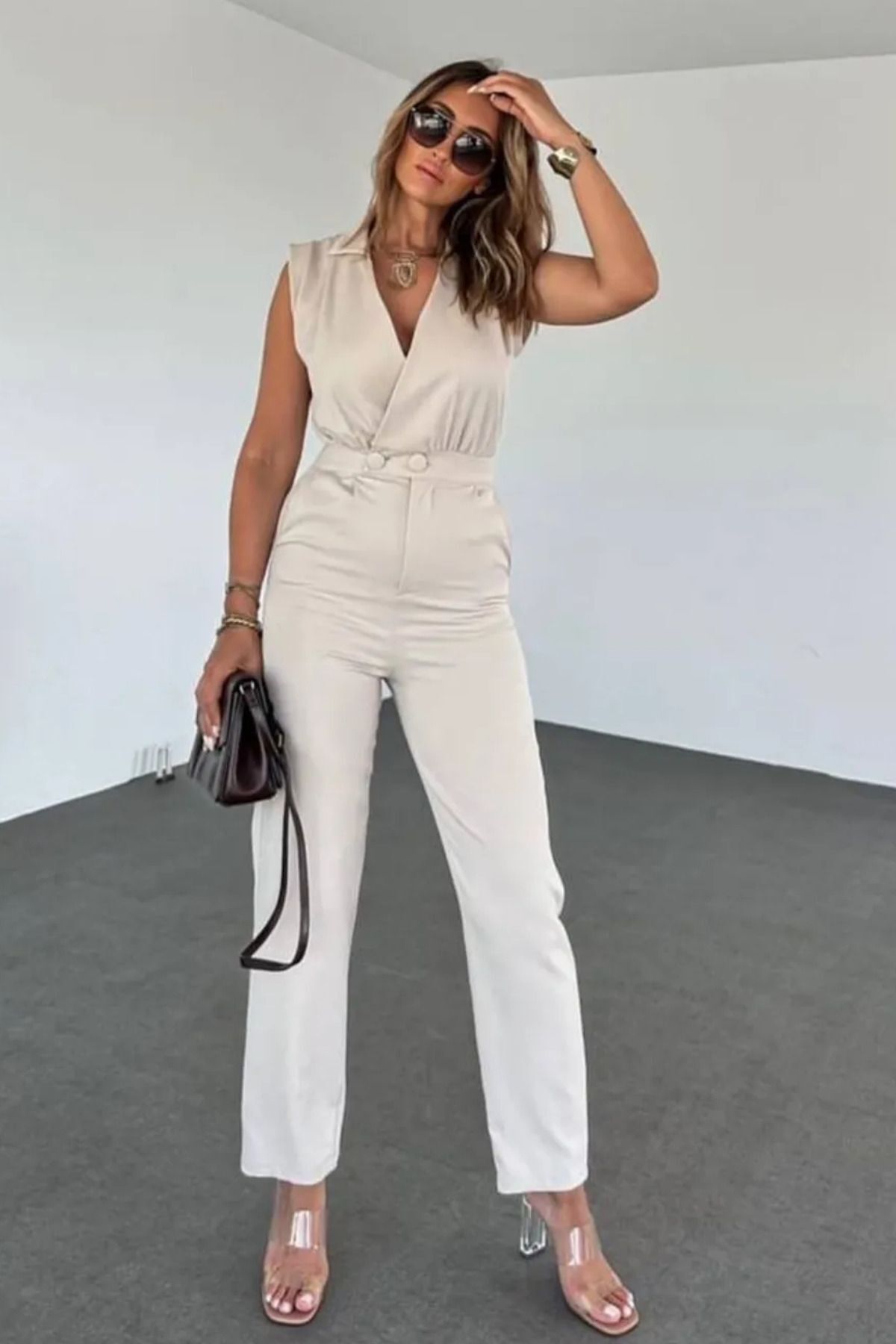 جمبسوت طويل بياقة V من قماش أطلس كريب مرن (مستورد) برتقالي