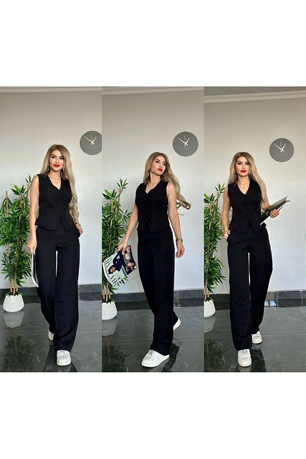 طقم صدرية وبنطال أنيق بخصّة ضيقة أسود