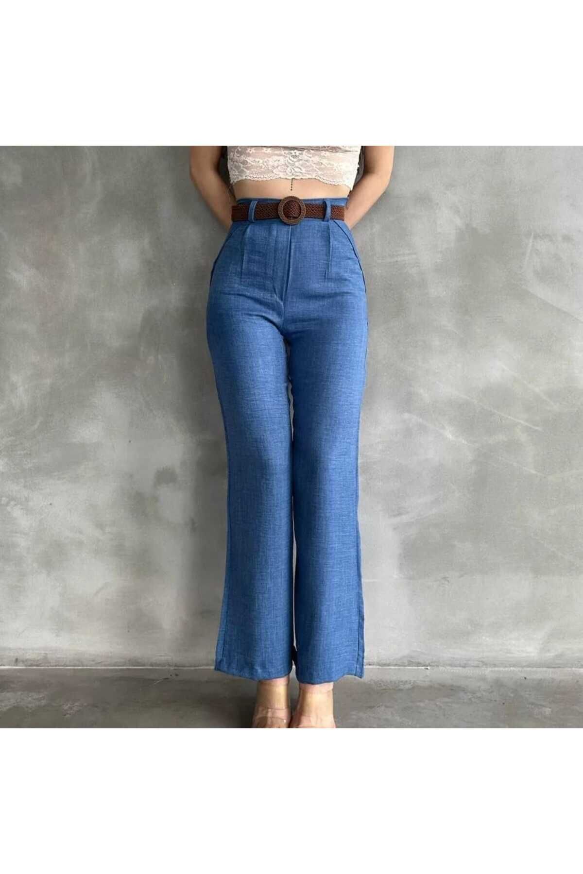 Belted Cotton-Linen Wide-Leg Pants Blue