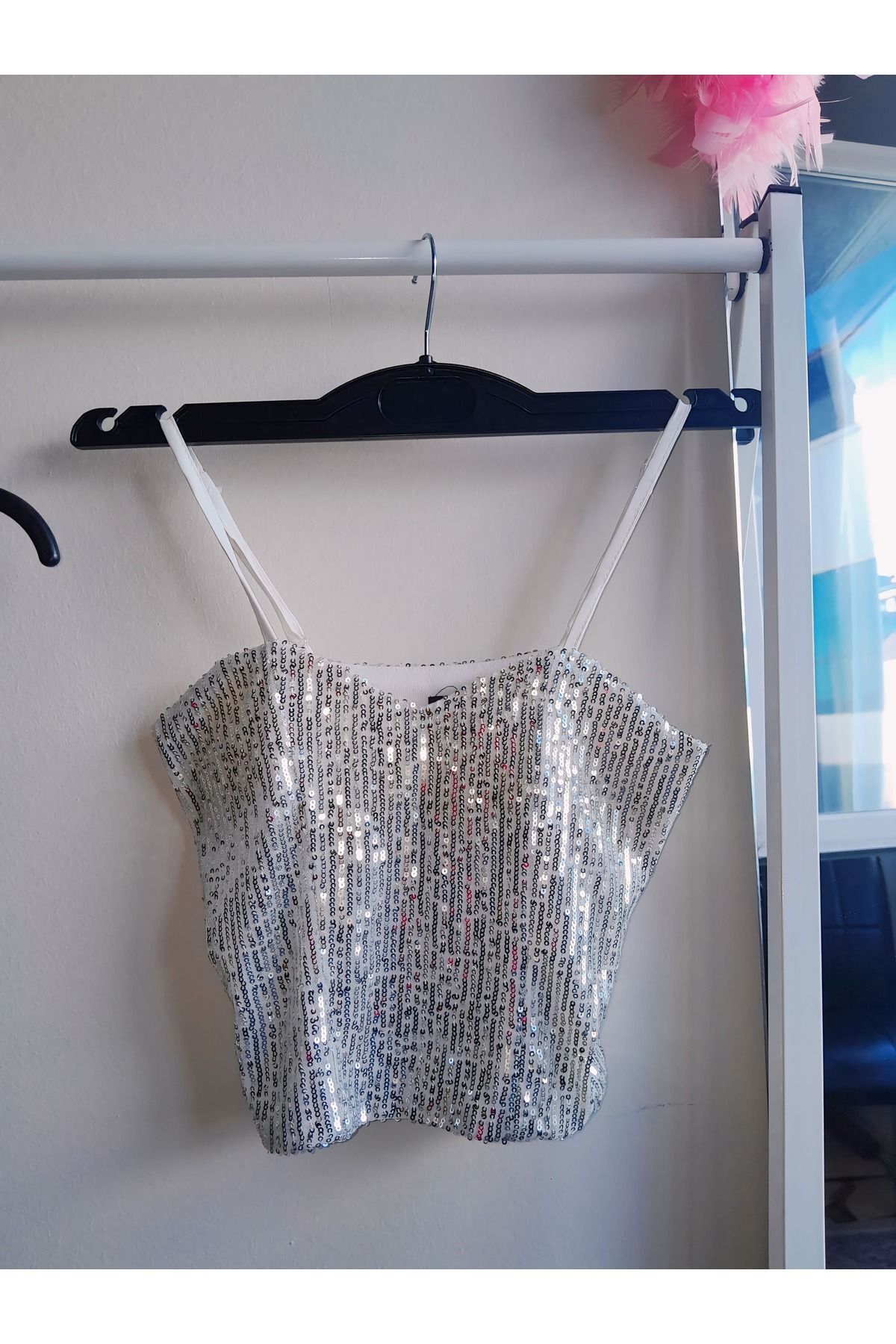 Heart-Neck Sequin Crop Top White