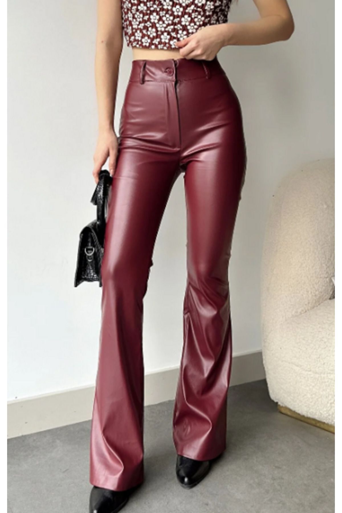 Spanish-Hem Leather Pants Burgundy