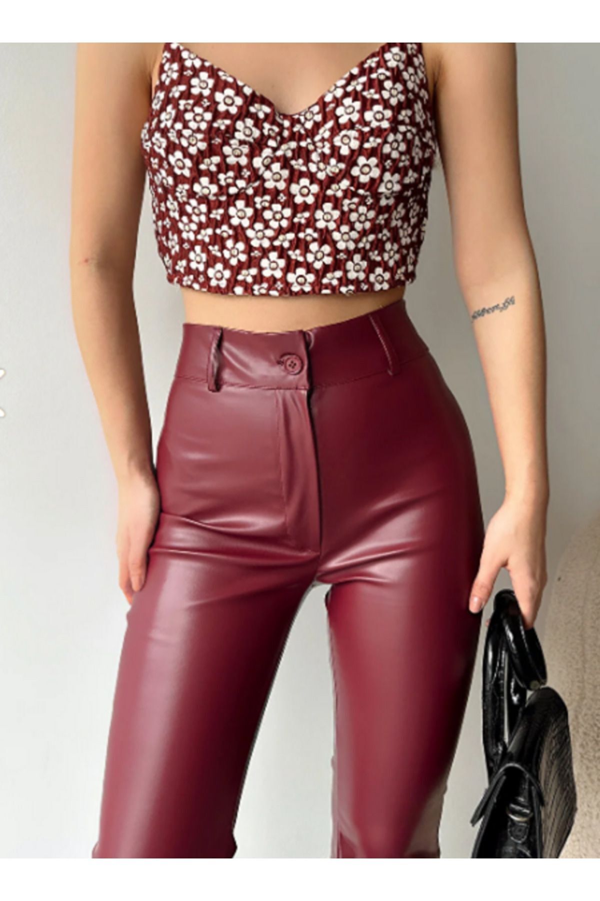 Spanish-Hem Leather Pants Burgundy